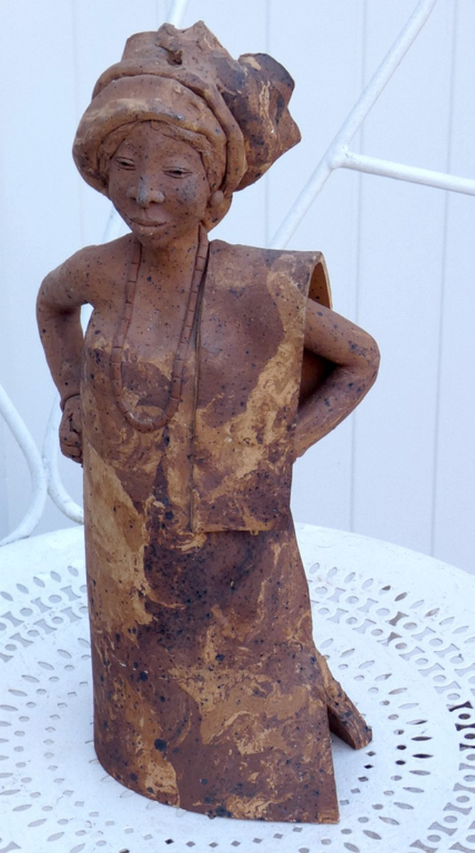 Reuben Ugbine 1956-2021...large & Pleasant Terracotta Sculpture...african Woman In A Turban-photo-4