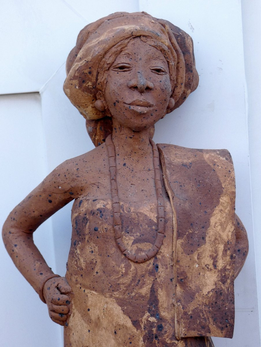 Reuben Ugbine 1956-2021...large & Pleasant Terracotta Sculpture...african Woman In A Turban-photo-1