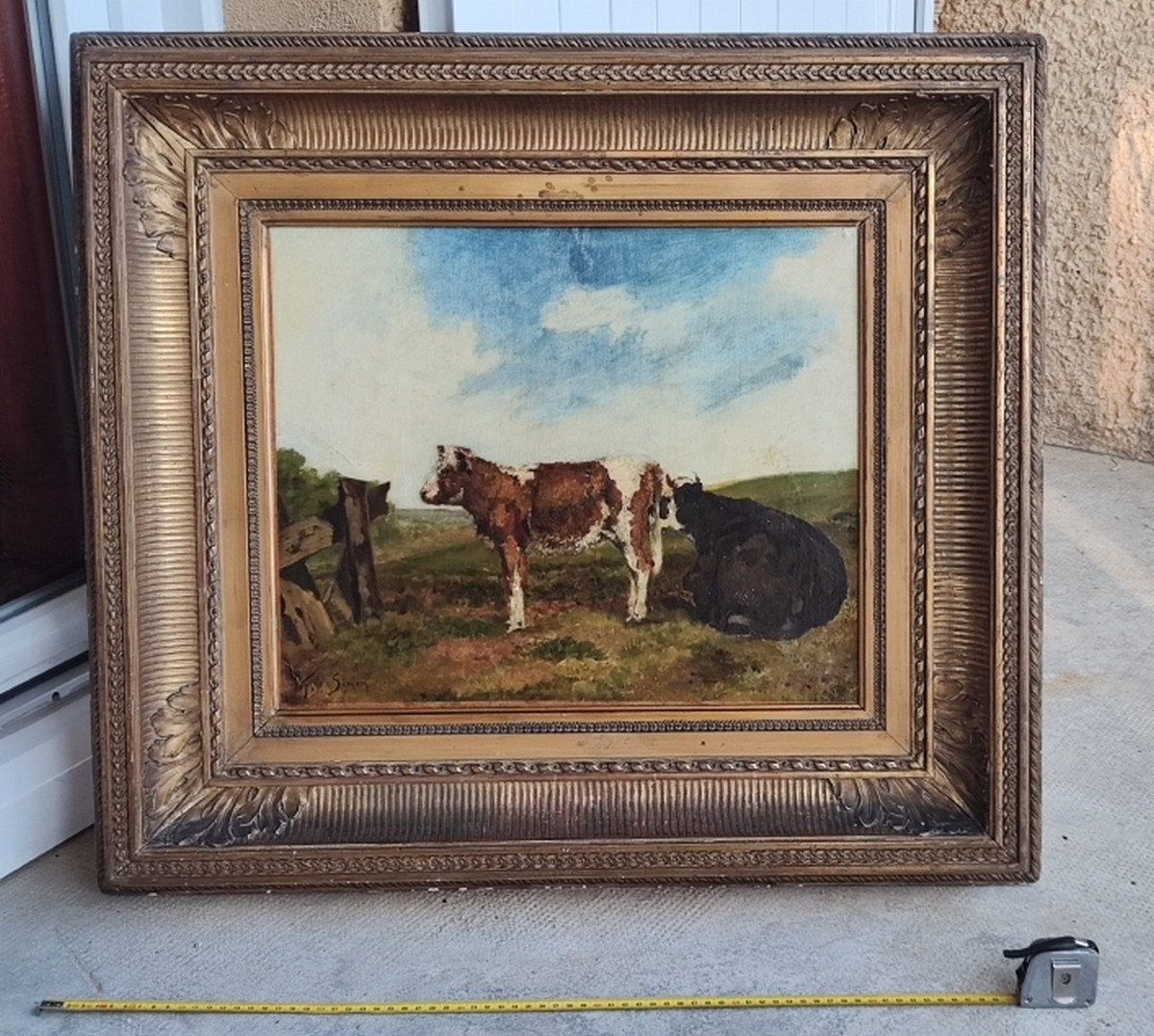 François Simon 1818-1896 - Large Barbizon Canvas - View Of A Countryside With A Cow & Her Calf-photo-3