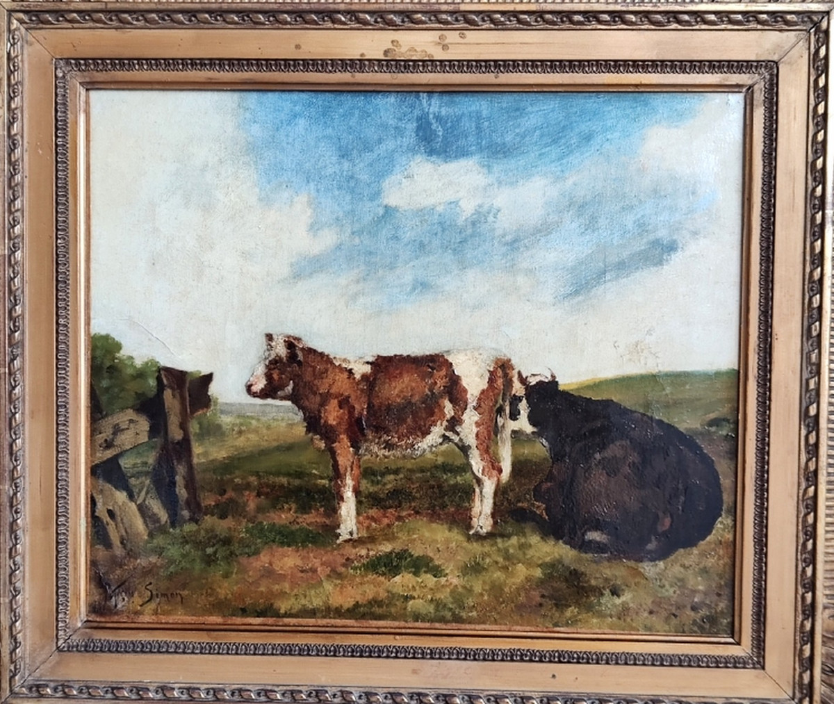 François Simon 1818-1896 - Large Barbizon Canvas - View Of A Countryside With A Cow & Her Calf-photo-4