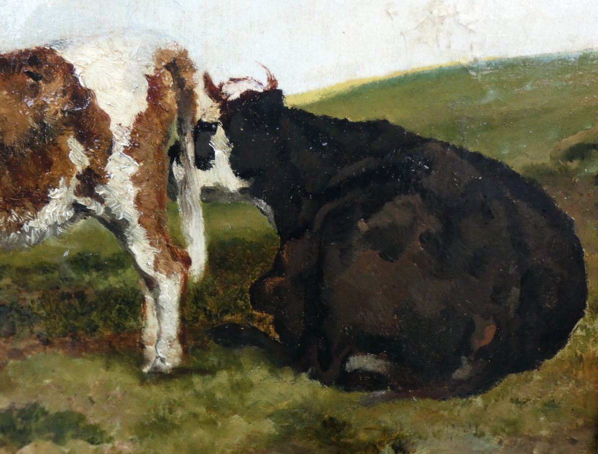 François Simon 1818-1896 - Large Barbizon Canvas - View Of A Countryside With A Cow & Her Calf-photo-1