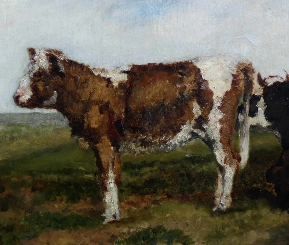 François Simon 1818-1896 - Large Barbizon Canvas - View Of A Countryside With A Cow & Her Calf-photo-2