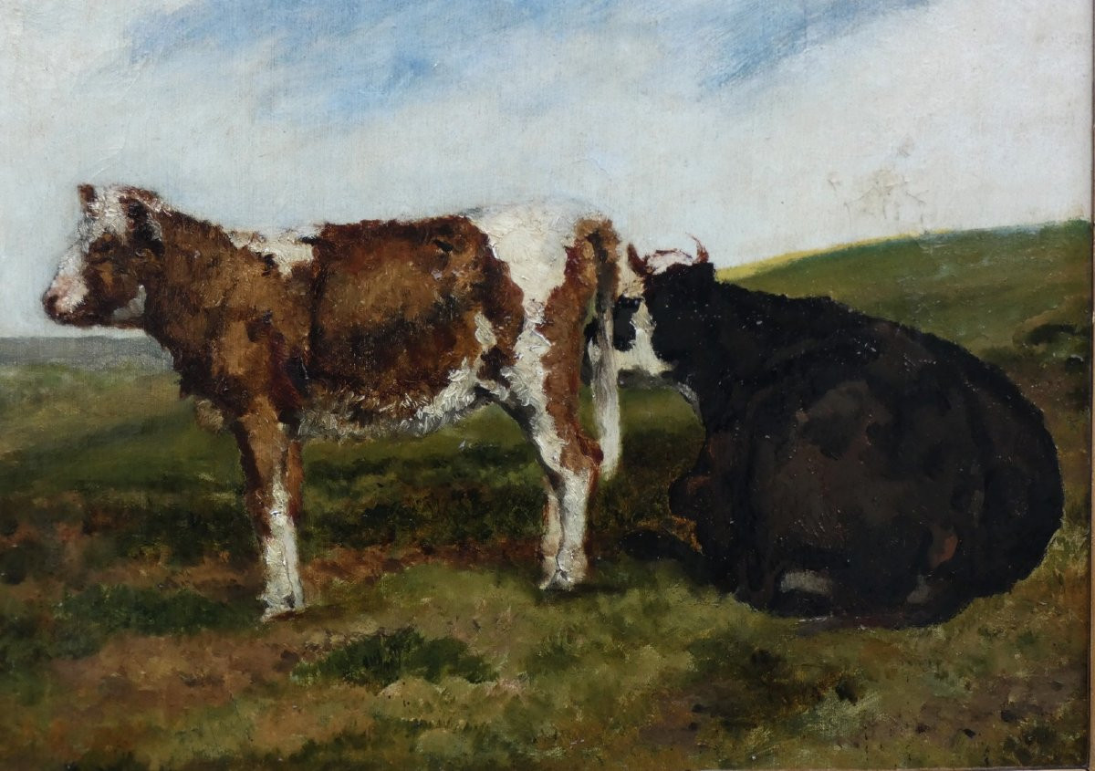 François Simon 1818-1896 - Large Barbizon Canvas - View Of A Countryside With A Cow & Her Calf-photo-3