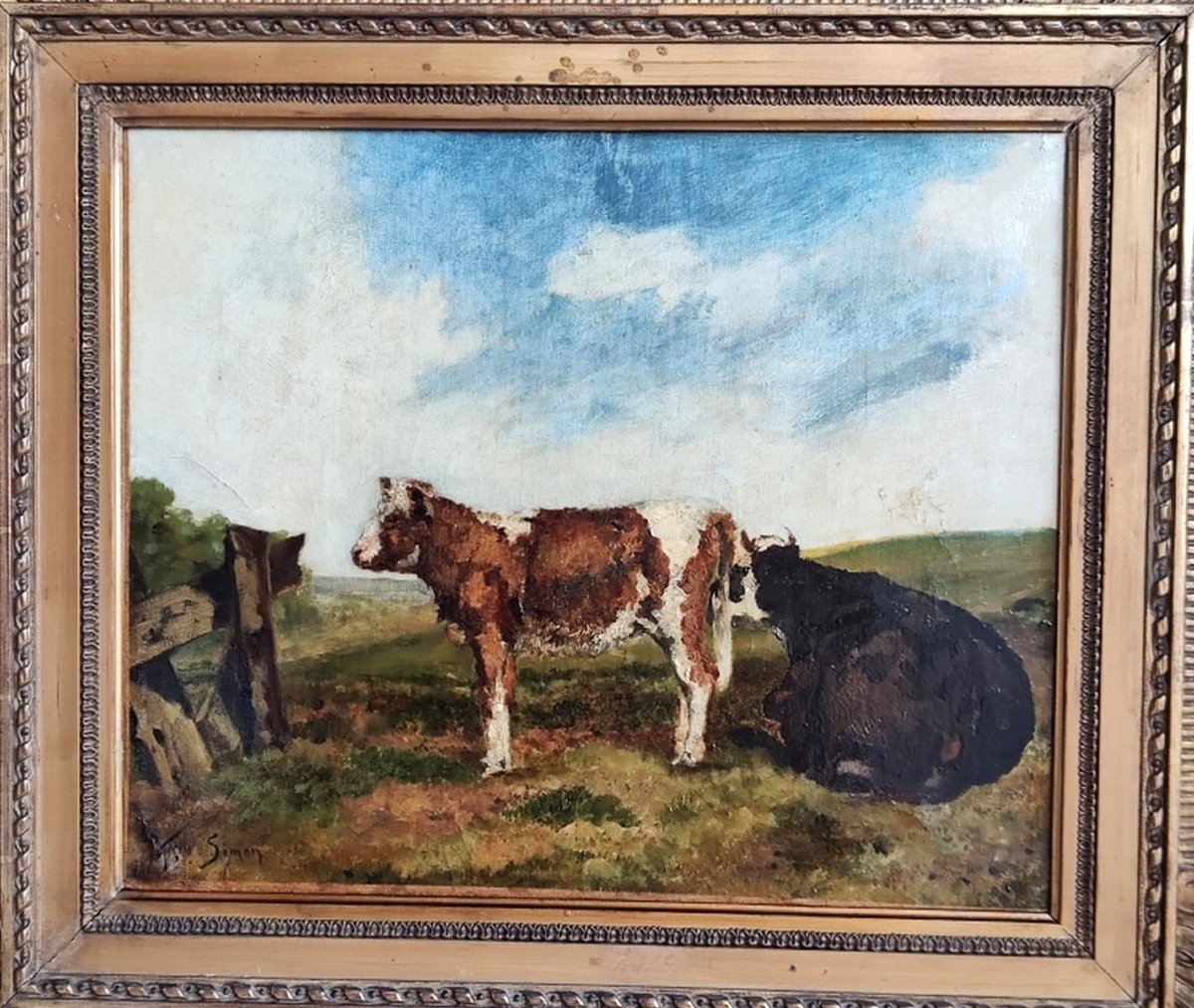 François Simon 1818-1896 - Large Barbizon Canvas - View Of A Countryside With A Cow & Her Calf-photo-5