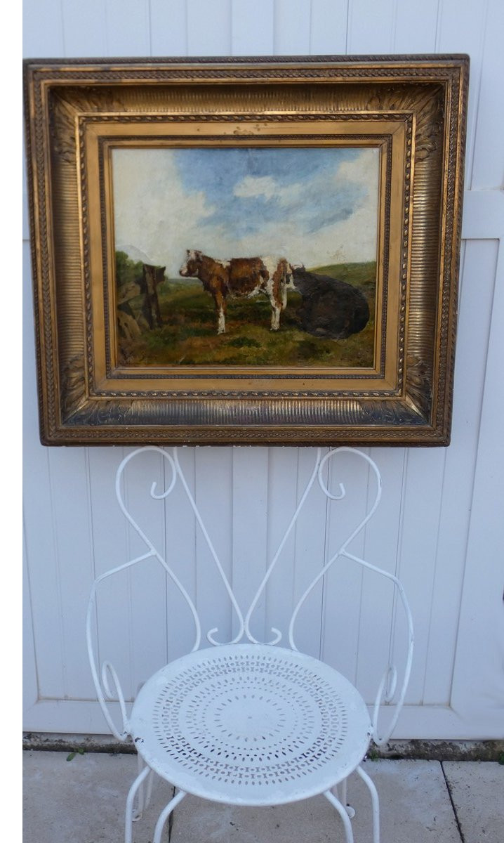 François Simon 1818-1896 - Large Barbizon Canvas - View Of A Countryside With A Cow & Her Calf-photo-7