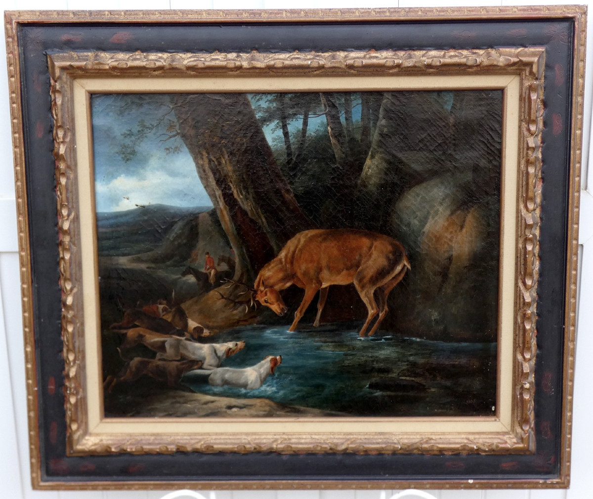 Large Canvas 1835...vast Scene Of A Hunting With Dogs & Deer "the Waterboat" -photo-3