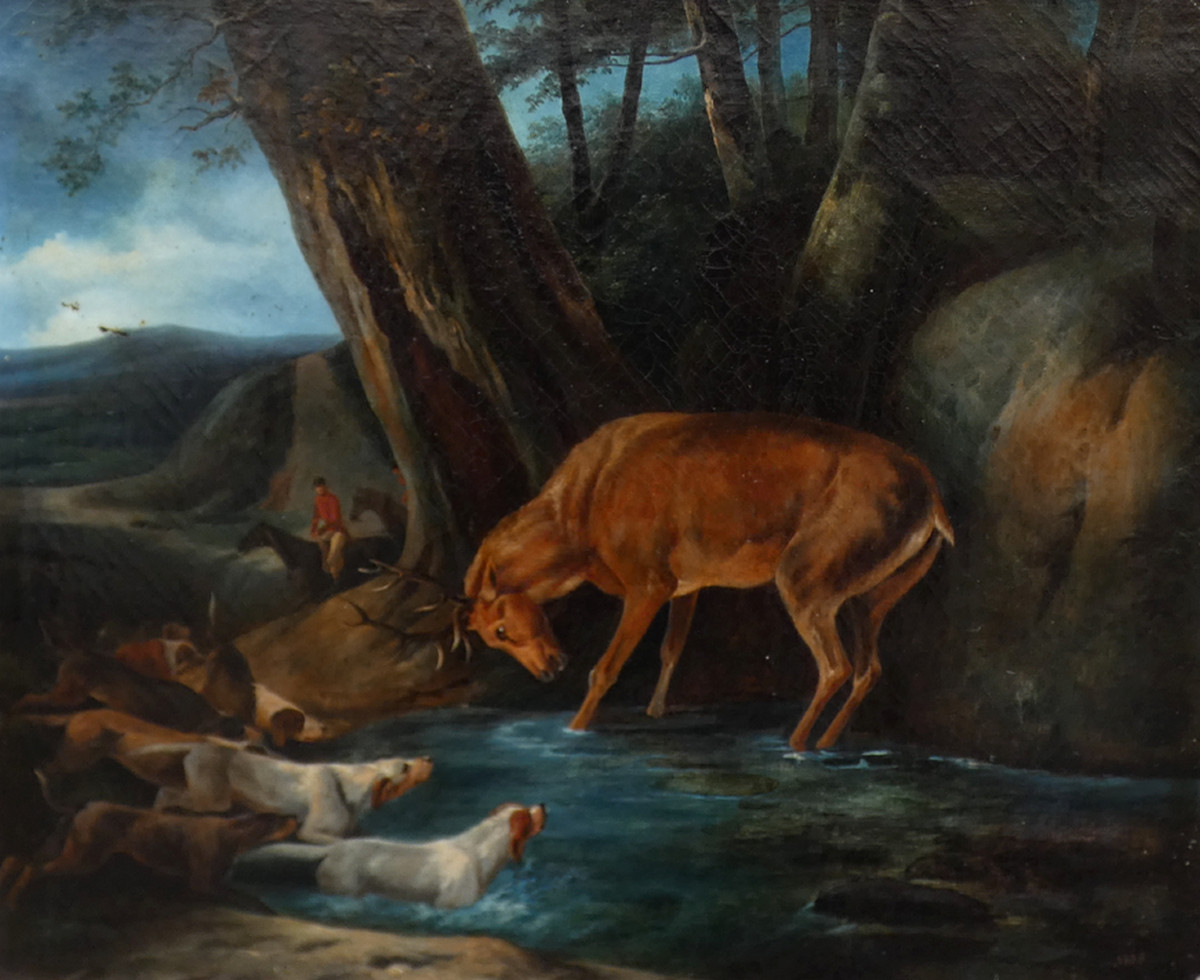Large Canvas 1835...vast Scene Of A Hunting With Dogs & Deer "the Waterboat" -photo-4
