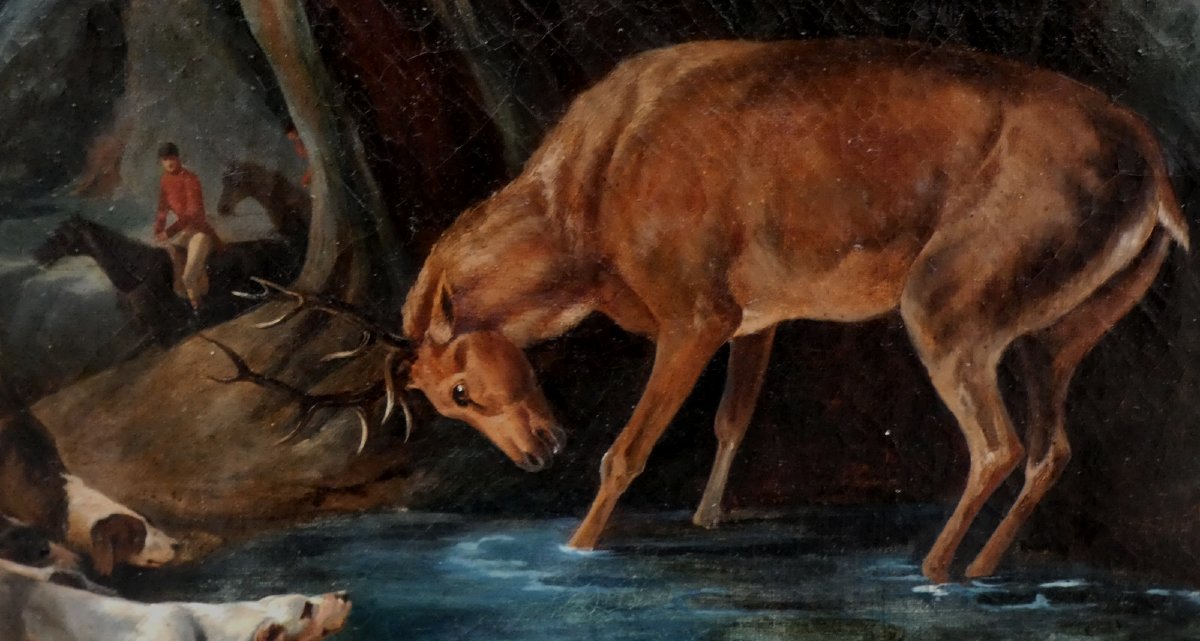 Large Canvas 1835...vast Scene Of A Hunting With Dogs & Deer "the Waterboat" -photo-3