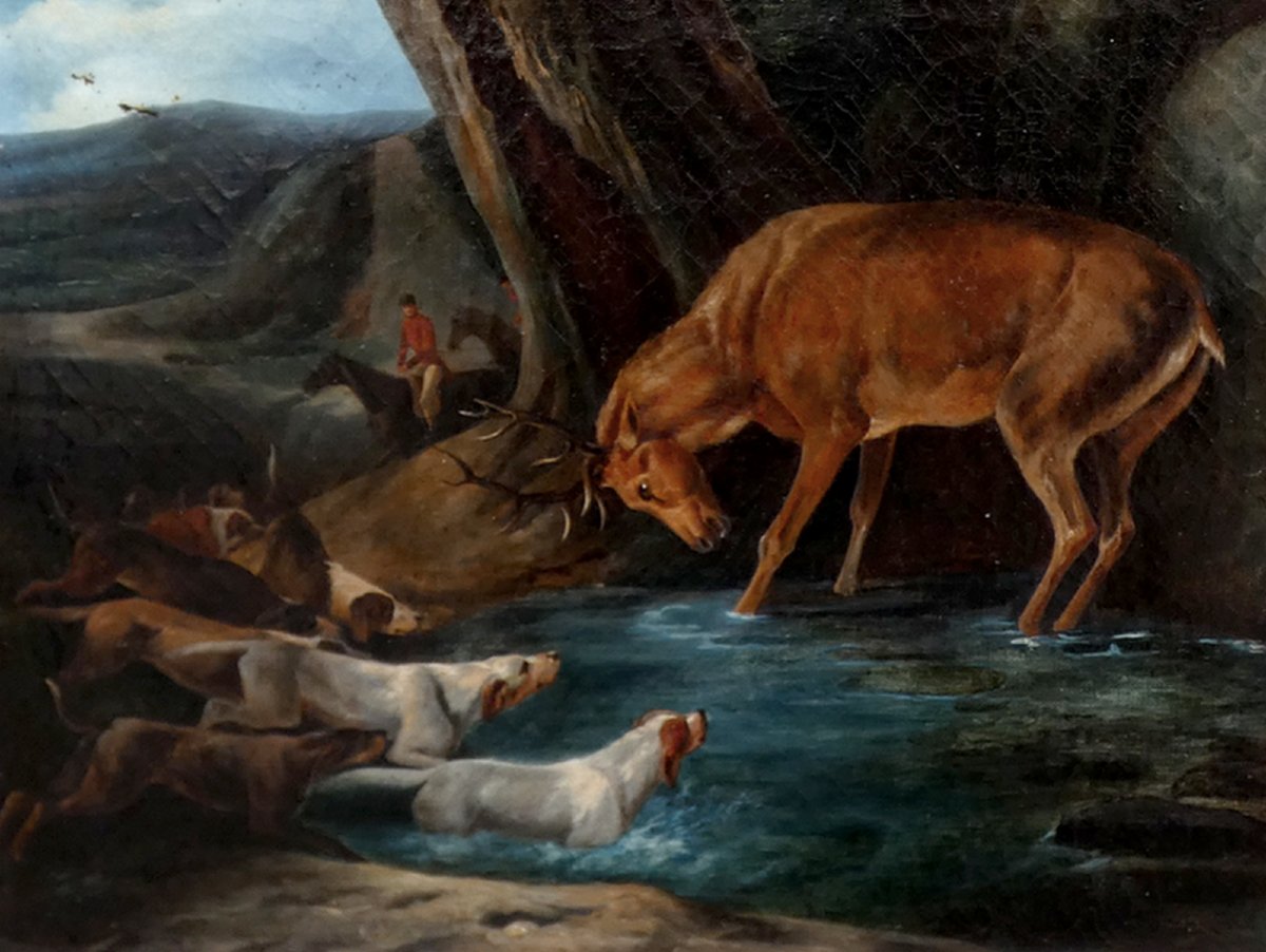 Large Canvas 1835...vast Scene Of A Hunting With Dogs & Deer "the Waterboat" -photo-4