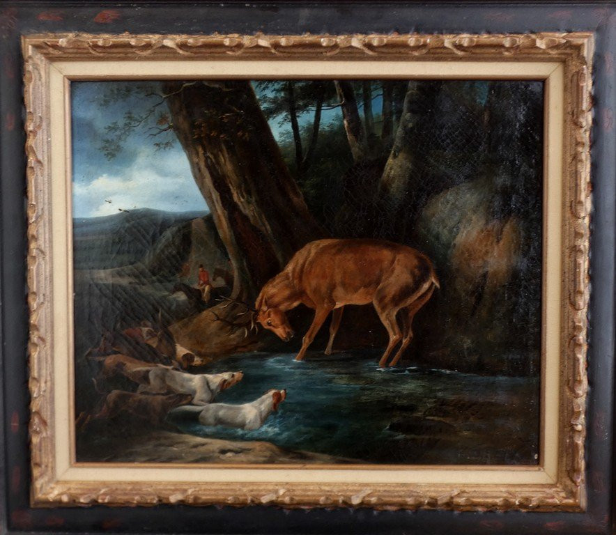 Large Canvas 1835...vast Scene Of A Hunting With Dogs & Deer "the Waterboat" -photo-5
