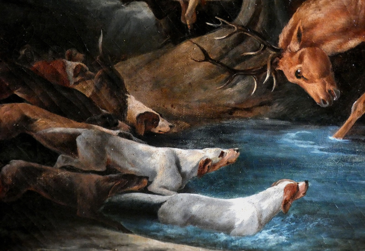 Large Canvas 1835...vast Scene Of A Hunting With Dogs & Deer "the Waterboat" -photo-2