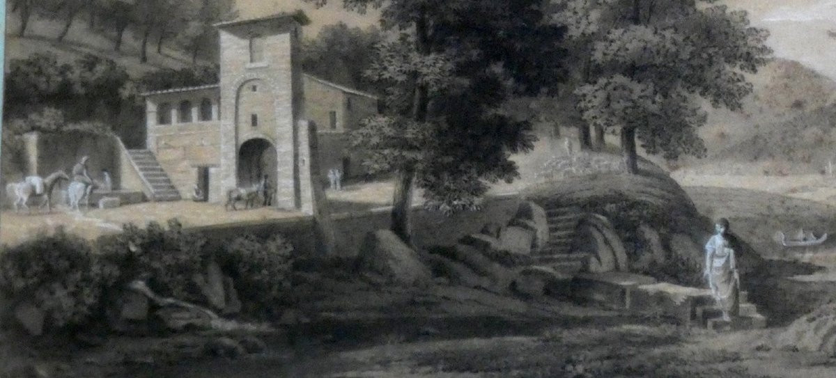 Large Classical Drawing, Early 19th Century - Italian Landscape Near Ronciglione - Workshop Of Jv Bertin-photo-2