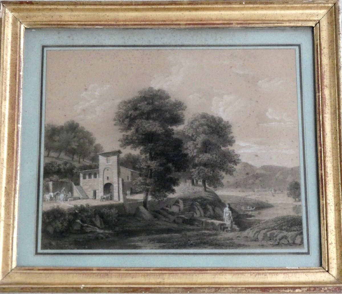 Large Classical Drawing, Early 19th Century - Italian Landscape Near Ronciglione - Workshop Of Jv Bertin-photo-5