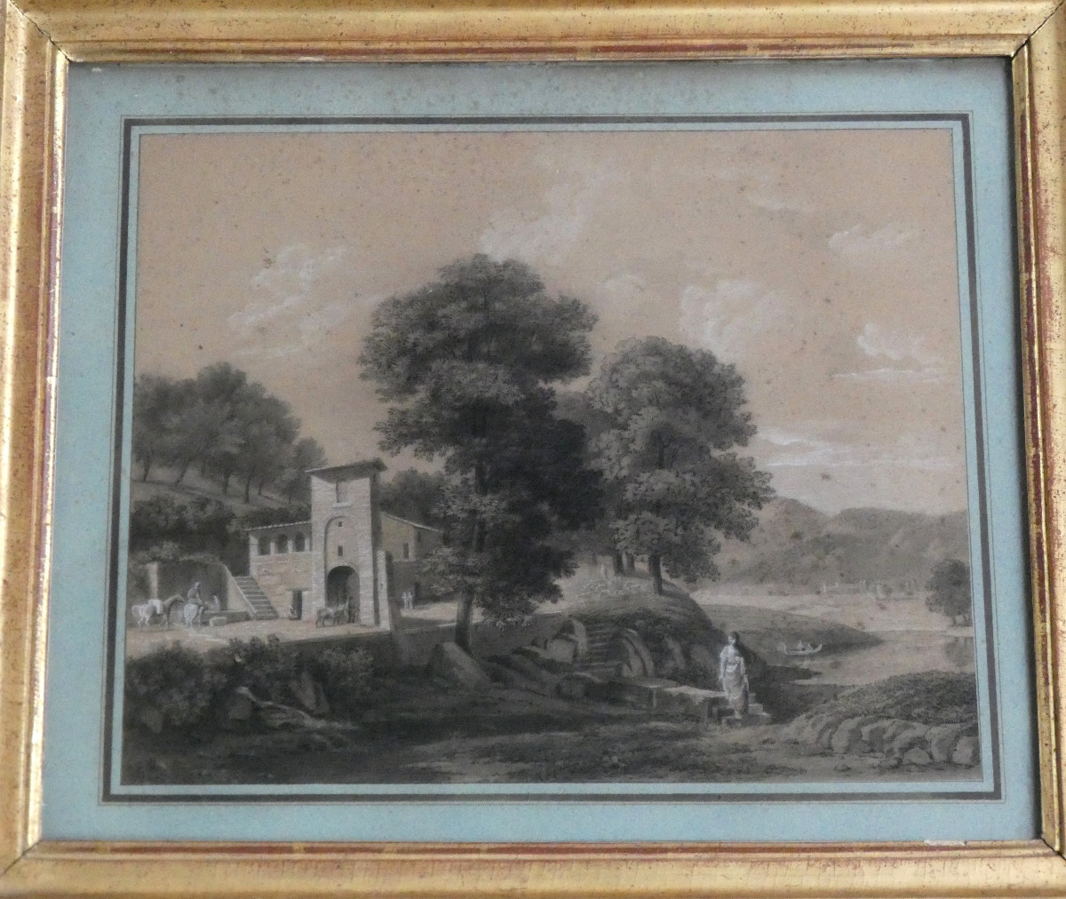 Large Classical Drawing, Early 19th Century - Italian Landscape Near Ronciglione - Workshop Of Jv Bertin