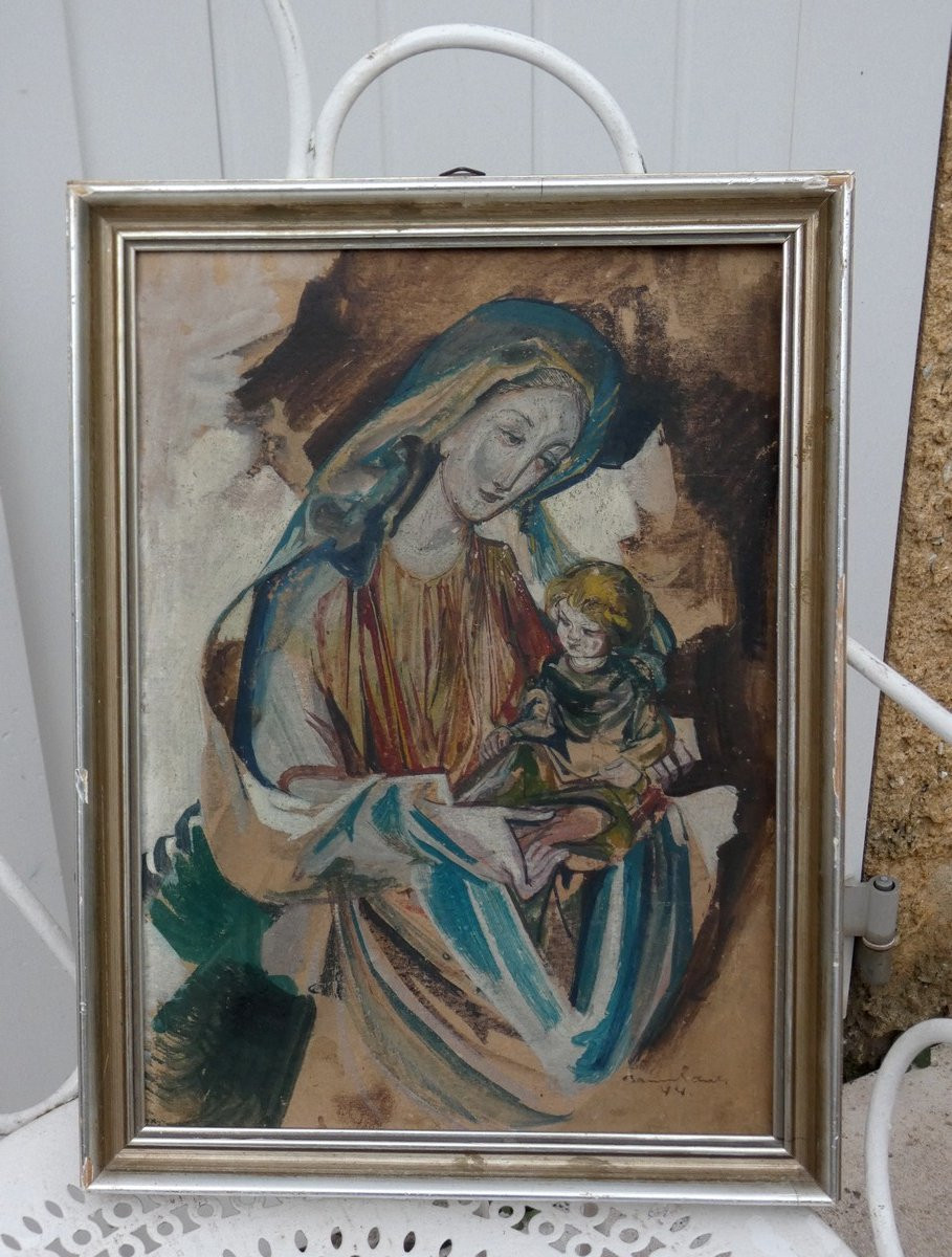 HANS BAUMHAUER 1913-2001 - BELLE GOUACHE - MAITRE VERRIER NATIF DE MUNICH - MADONE A L'ENFANT -photo-6