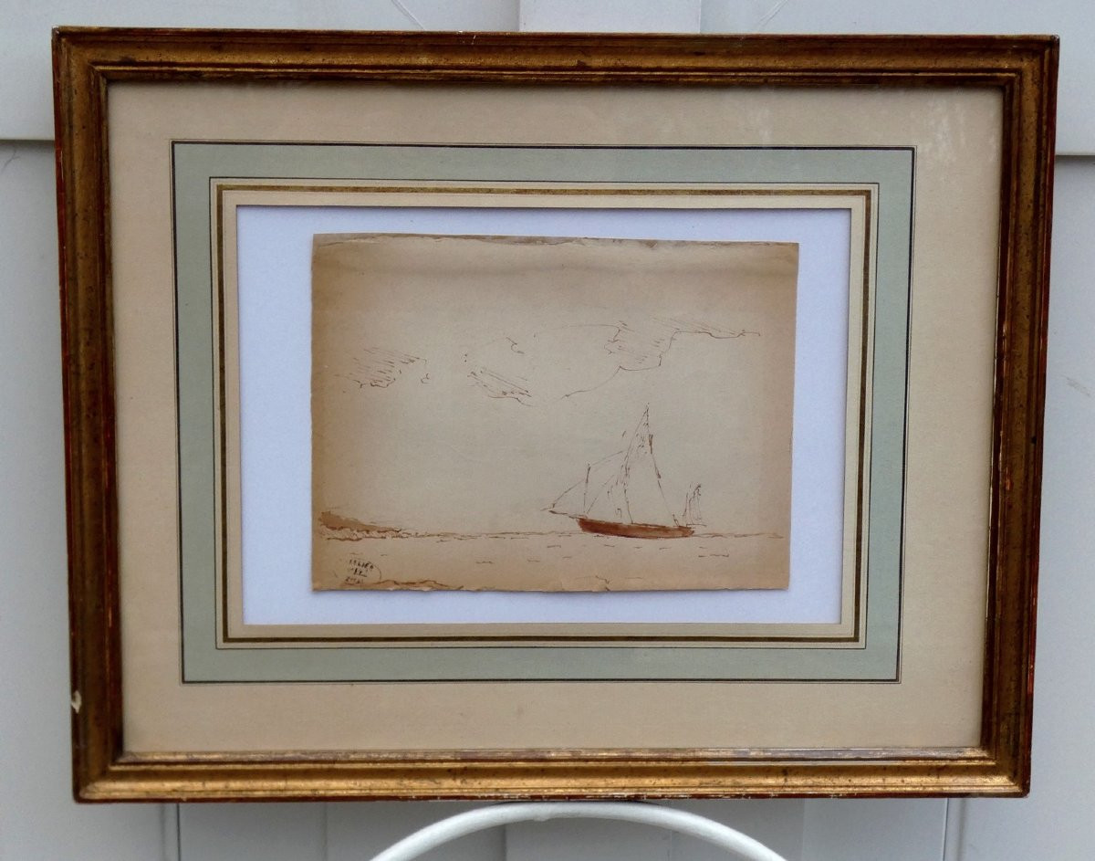 FÉLIX ZIEM 1821-1911 - DESSIN A L'ENCRE SÉPIA- VENTE ATELIER n°149 -PAYSAGE MARIN AVEC  VOILIER-photo-1