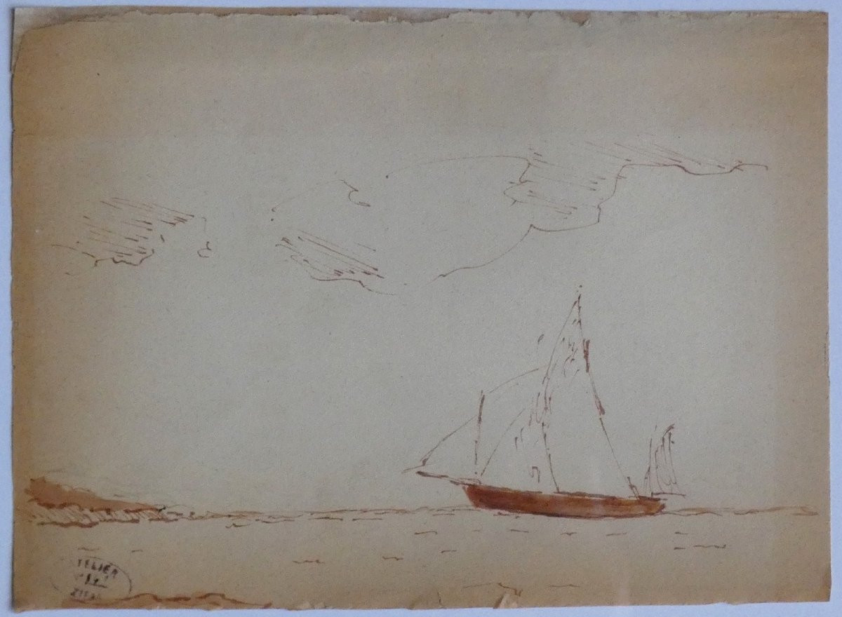 FÉLIX ZIEM 1821-1911 - DESSIN A L'ENCRE SÉPIA- VENTE ATELIER n°149 -PAYSAGE MARIN AVEC  VOILIER-photo-5