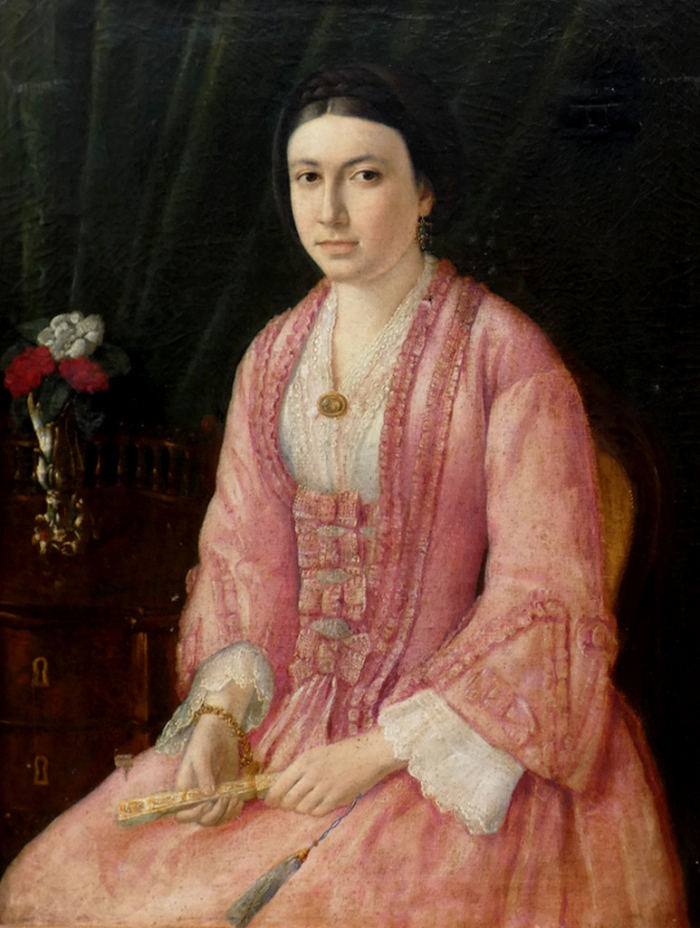 Large 19th Century Portrait - Young Woman In Pink Dress, Holding A Fan - A Touch Of "mona Lisa"-photo-3