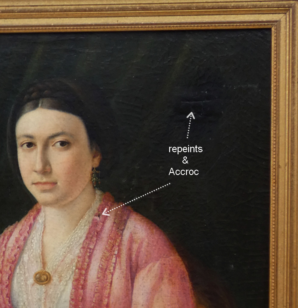 Large 19th Century Portrait - Young Woman In Pink Dress, Holding A Fan - A Touch Of "mona Lisa"-photo-4