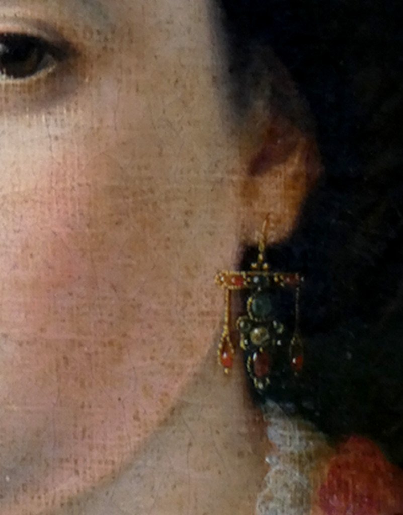 Large 19th Century Portrait - Young Woman In Pink Dress, Holding A Fan - A Touch Of "mona Lisa"-photo-2