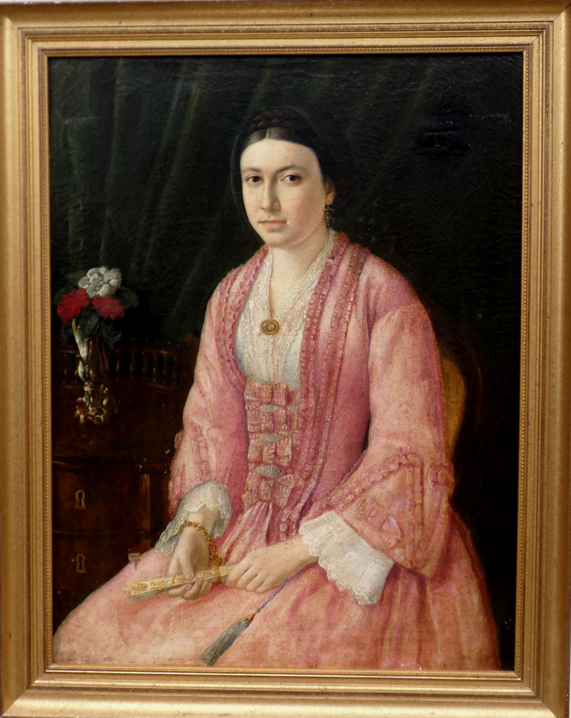 Large 19th Century Portrait - Young Woman In Pink Dress, Holding A Fan - A Touch Of "mona Lisa"