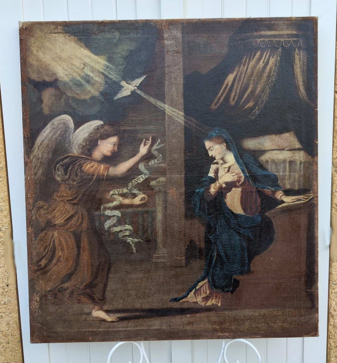 GRANDE TOILE BIBLIQUE XVIIe - L'ANNONCIATION AVEC L'ANGE GABRIEL & LA VIERGE MARIE-photo-3