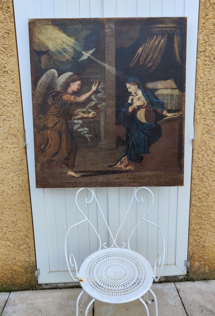 GRANDE TOILE BIBLIQUE XVIIe - L'ANNONCIATION AVEC L'ANGE GABRIEL & LA VIERGE MARIE-photo-2