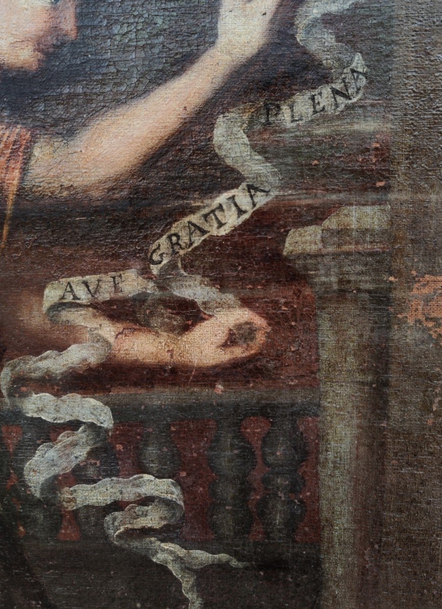 GRANDE TOILE BIBLIQUE XVIIe - L'ANNONCIATION AVEC L'ANGE GABRIEL & LA VIERGE MARIE-photo-6