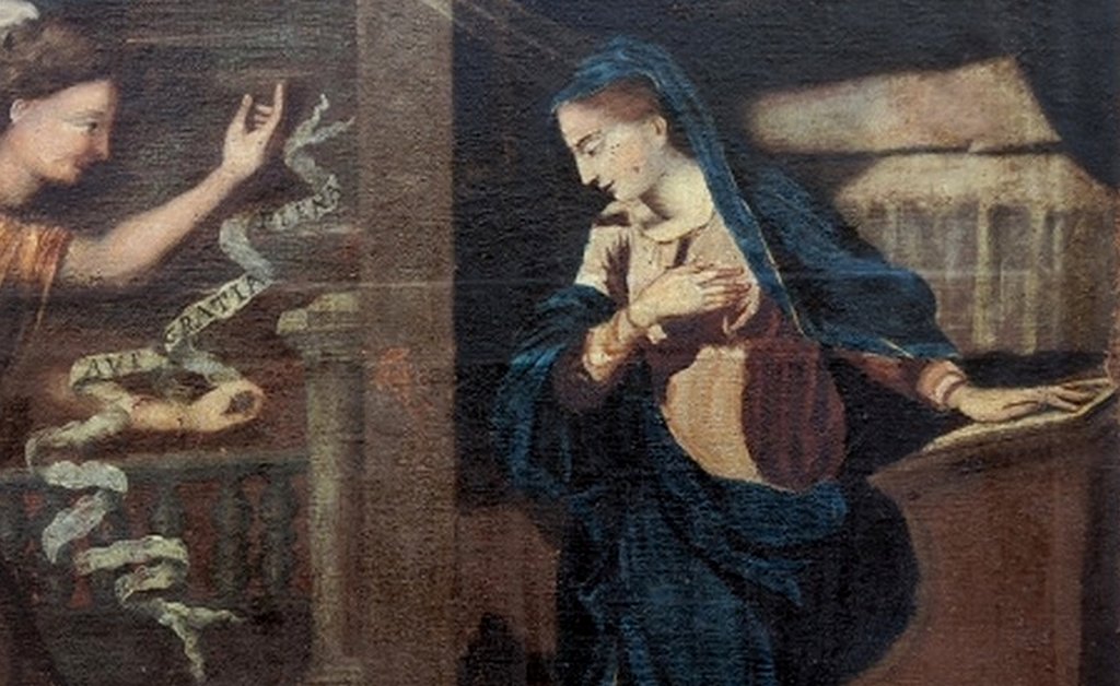 GRANDE TOILE BIBLIQUE XVIIe - L'ANNONCIATION AVEC L'ANGE GABRIEL & LA VIERGE MARIE-photo-7