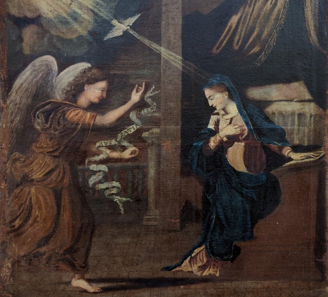 GRANDE TOILE BIBLIQUE XVIIe - L'ANNONCIATION AVEC L'ANGE GABRIEL & LA VIERGE MARIE-photo-8