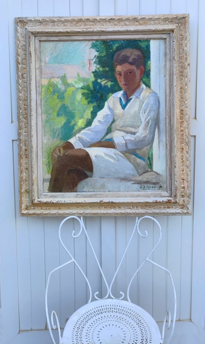 GRANDE TOILE 1920 -1930...PORTRAIT D'UN ENFANT ÉLÉGAMMENT HABILLÉ-  SIGNATURE ? -photo-2