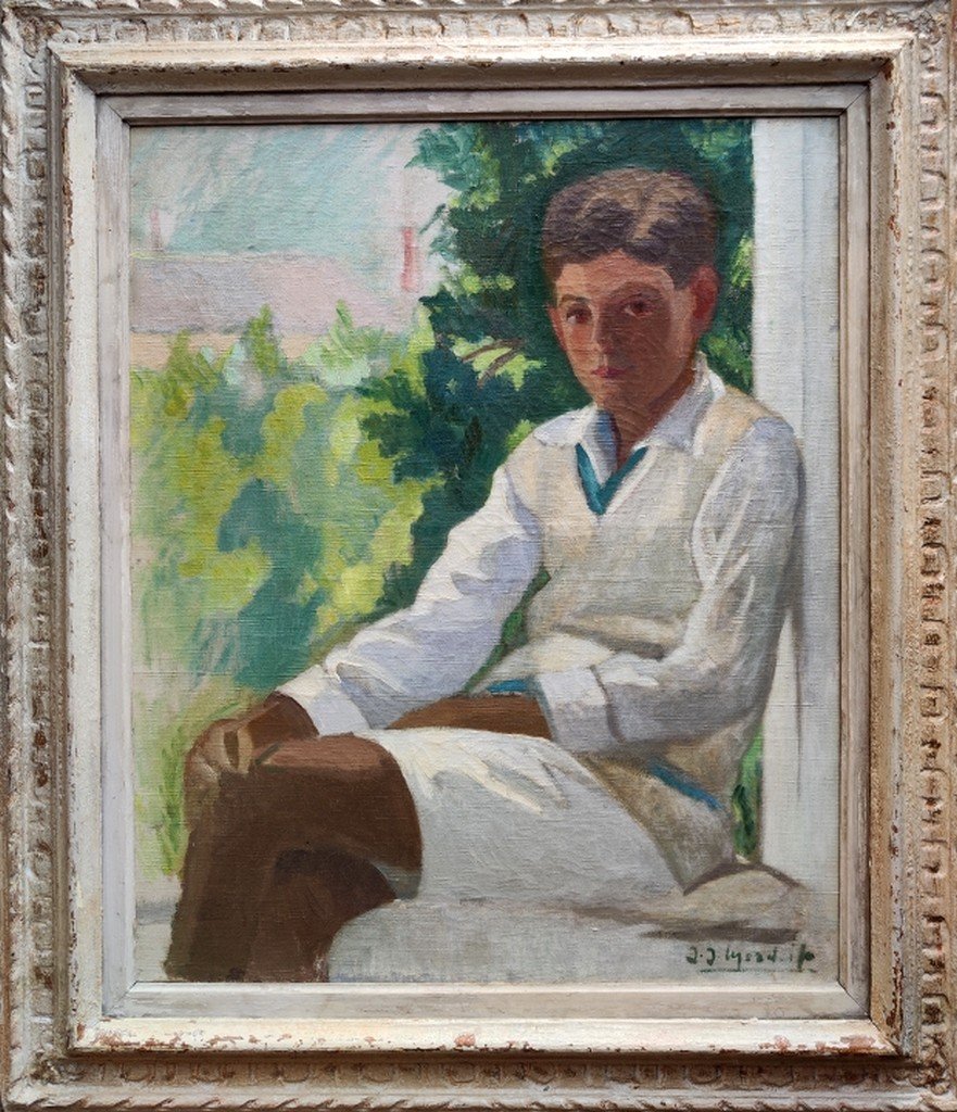 GRANDE TOILE 1920 -1930...PORTRAIT D'UN ENFANT ÉLÉGAMMENT HABILLÉ-  SIGNATURE ? -photo-1