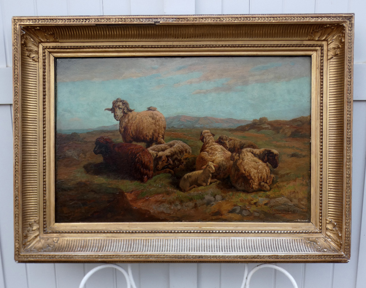 François Simon 1818-1896...large Landscape With Sheep & Ram Resting In A Pairing -photo-3