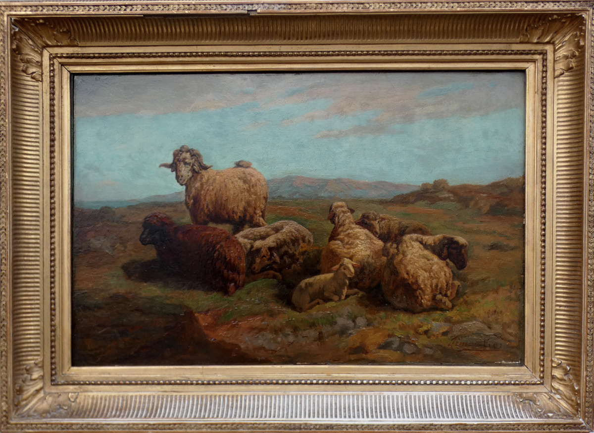 François Simon 1818-1896...large Landscape With Sheep & Ram Resting In A Pairing 