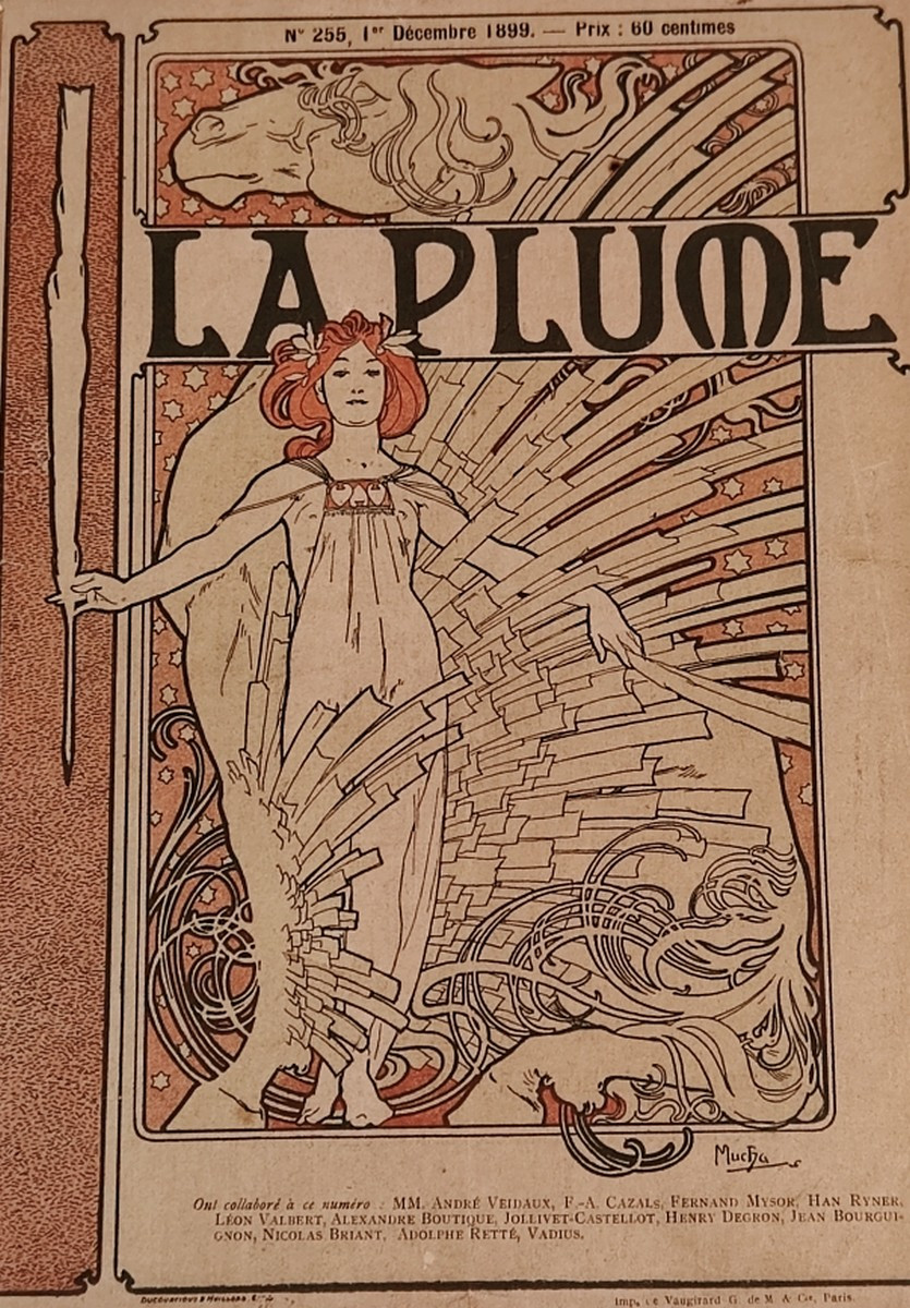 Alphonse Mucha 1860-1939...beautiful Colour Print 1899 For The Cover Of "la Plume" 