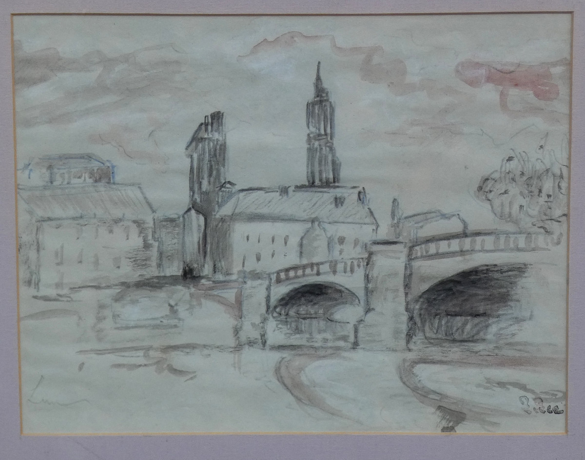 MAXIMILIEN LUCE 1858-1941--ÉTUDE A L’AQUARELLE--PAYSAGE URBAIN AVEC FLEUVE TRAVERSÉ PAR UN PONT-photo-4