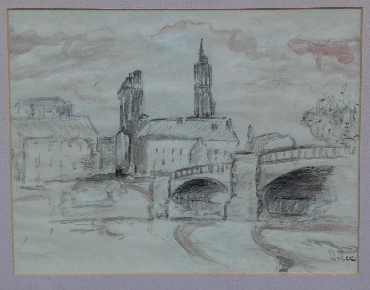 MAXIMILIEN LUCE 1858-1941--ÉTUDE A L’AQUARELLE--PAYSAGE URBAIN AVEC FLEUVE TRAVERSÉ PAR UN PONT-photo-4