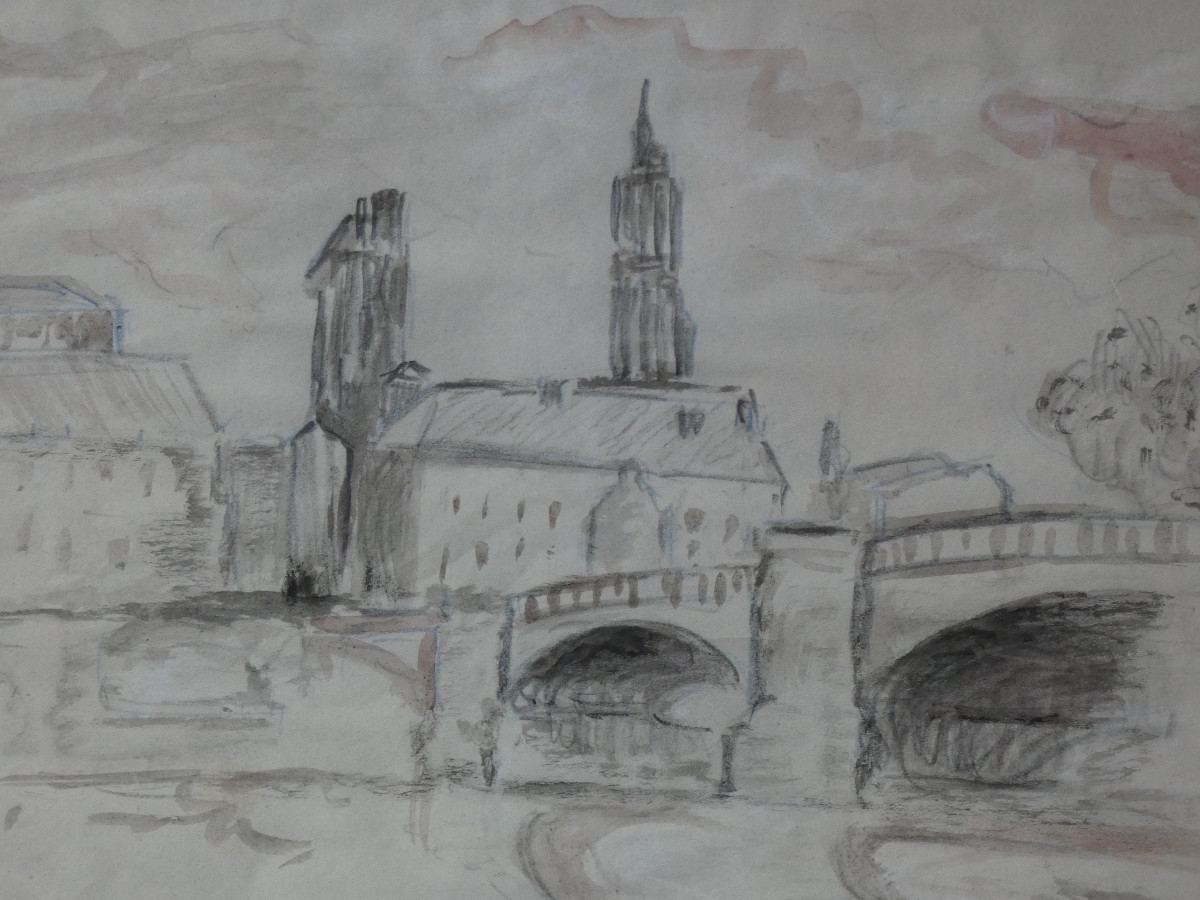 MAXIMILIEN LUCE 1858-1941--ÉTUDE A L’AQUARELLE--PAYSAGE URBAIN AVEC FLEUVE TRAVERSÉ PAR UN PONT-photo-1