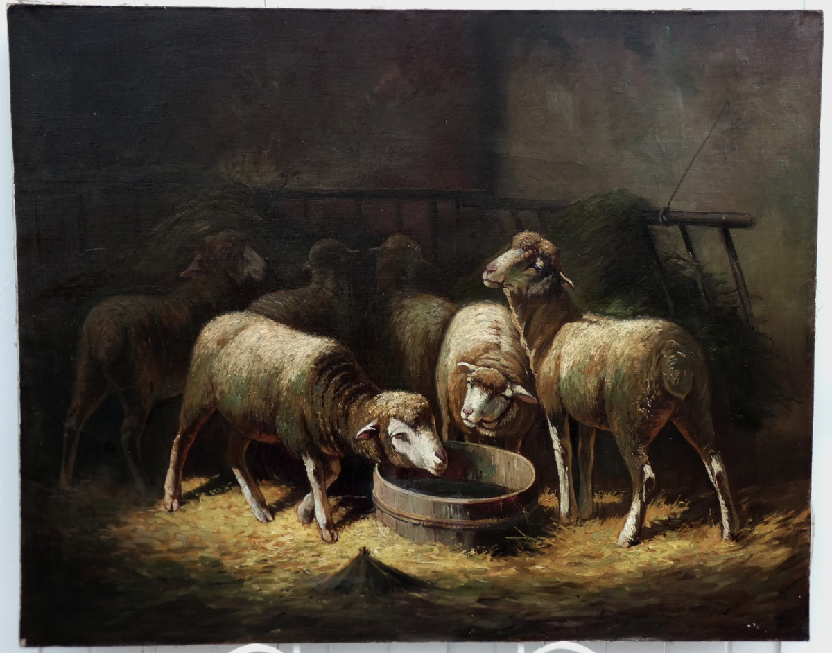 GRANDE TOILE ÉCOLE DE BARBIZON 1900 - CLAIR-OBSCUR DANS UNE BERGERIE AVEC MOUTONS- SIGNÉ ?  -photo-3