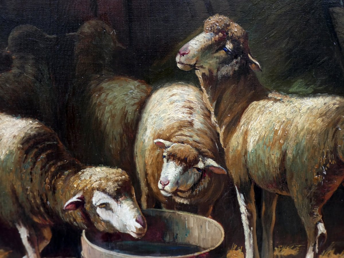 GRANDE TOILE ÉCOLE DE BARBIZON 1900 - CLAIR-OBSCUR DANS UNE BERGERIE AVEC MOUTONS- SIGNÉ ?  -photo-1