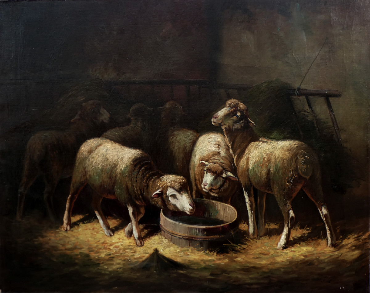 GRANDE TOILE ÉCOLE DE BARBIZON 1900 - CLAIR-OBSCUR DANS UNE BERGERIE AVEC MOUTONS- SIGNÉ ?  