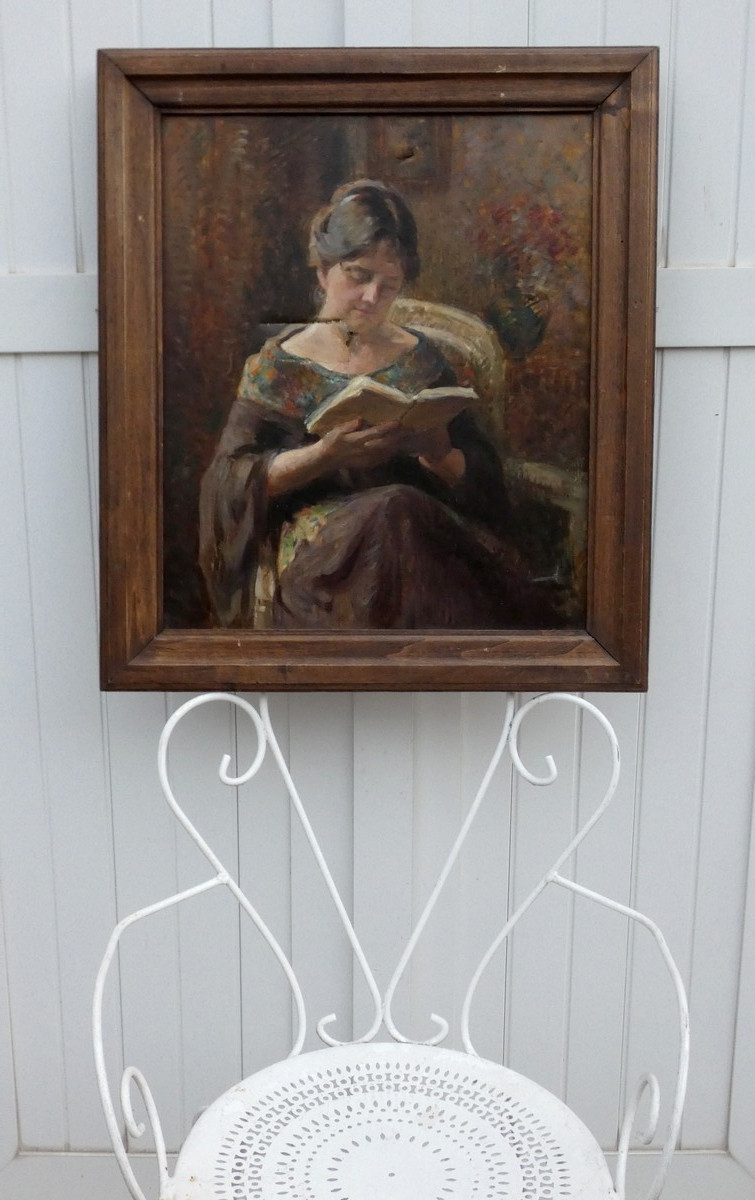 Marie Laforge 1865-1942...large Impressionist Canvas To Be Restored...woman Reading-photo-2
