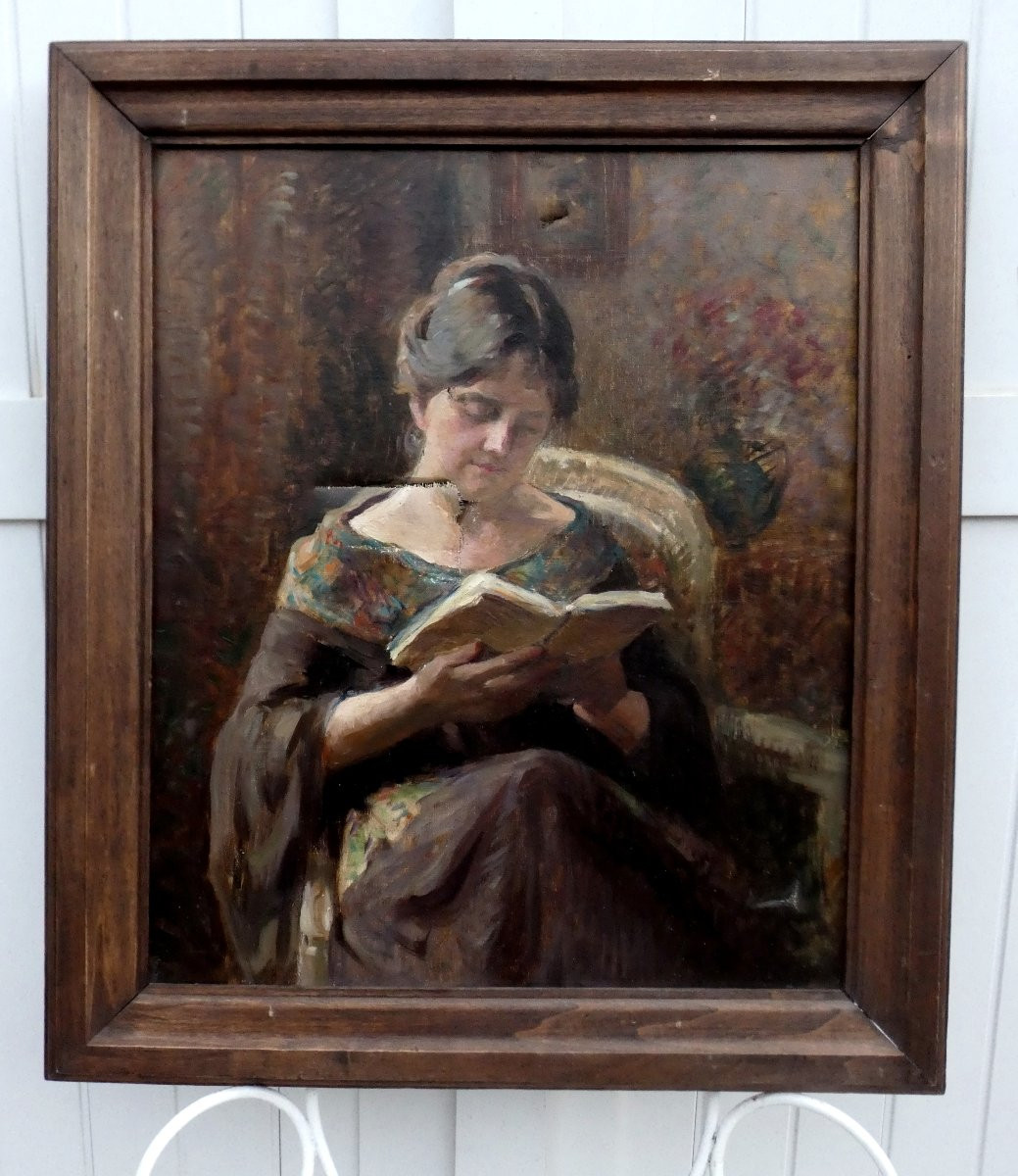 Marie Laforge 1865-1942...large Impressionist Canvas To Be Restored...woman Reading-photo-1
