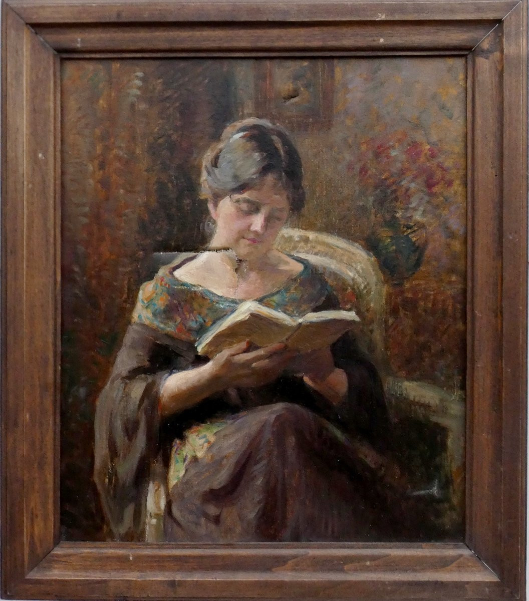 Marie Laforge 1865-1942...large Impressionist Canvas To Be Restored...woman Reading-photo-4