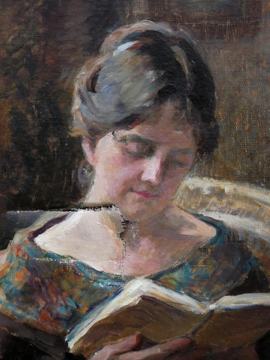 Marie Laforge 1865-1942...large Impressionist Canvas To Be Restored...woman Reading-photo-3