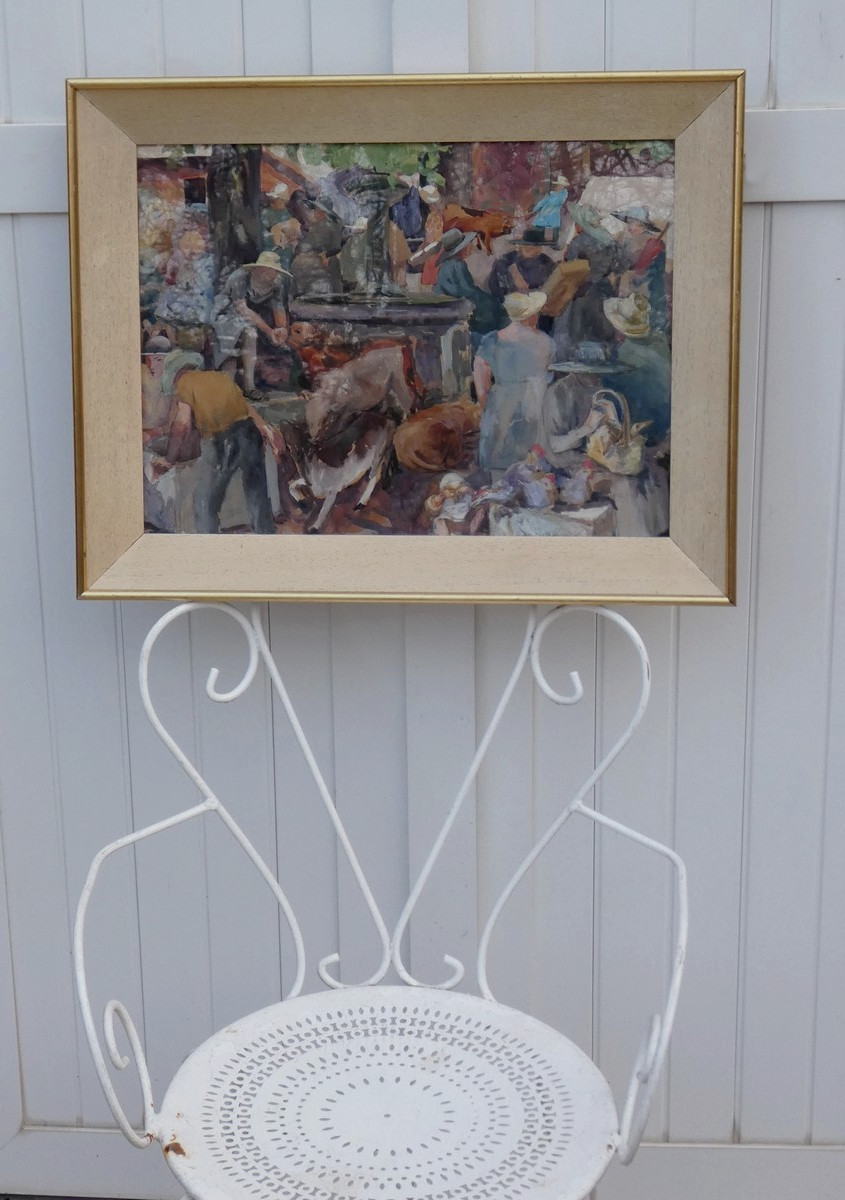 Henri Clamens 1905-1937 - Large Gouache Painting - The Provençal Livestock Market -photo-2