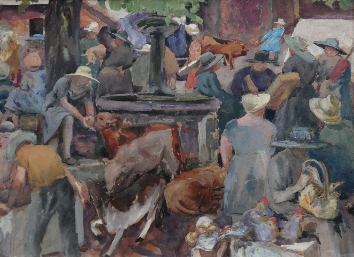 Henri Clamens 1905-1937 - Large Gouache Painting - The Provençal Livestock Market -photo-4