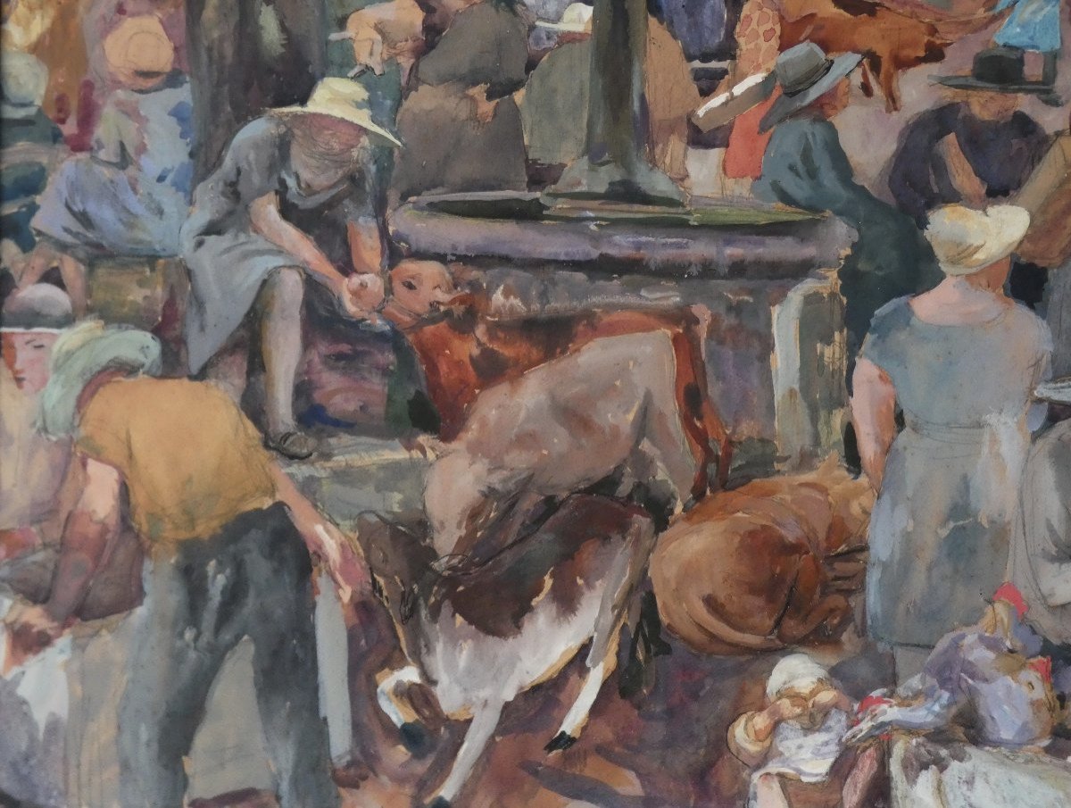 Henri Clamens 1905-1937 - Large Gouache Painting - The Provençal Livestock Market -photo-2