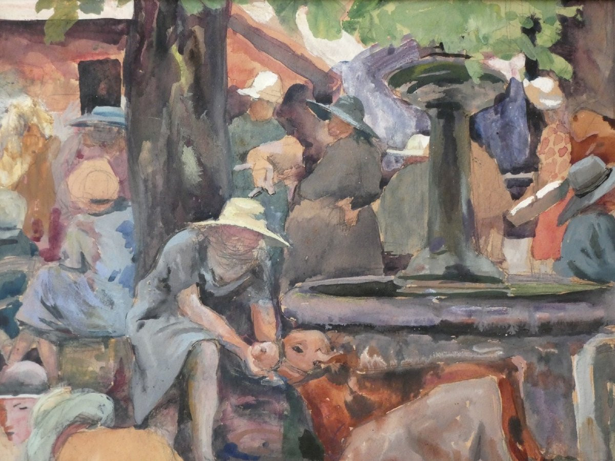 Henri Clamens 1905-1937 - Large Gouache Painting - The Provençal Livestock Market -photo-3
