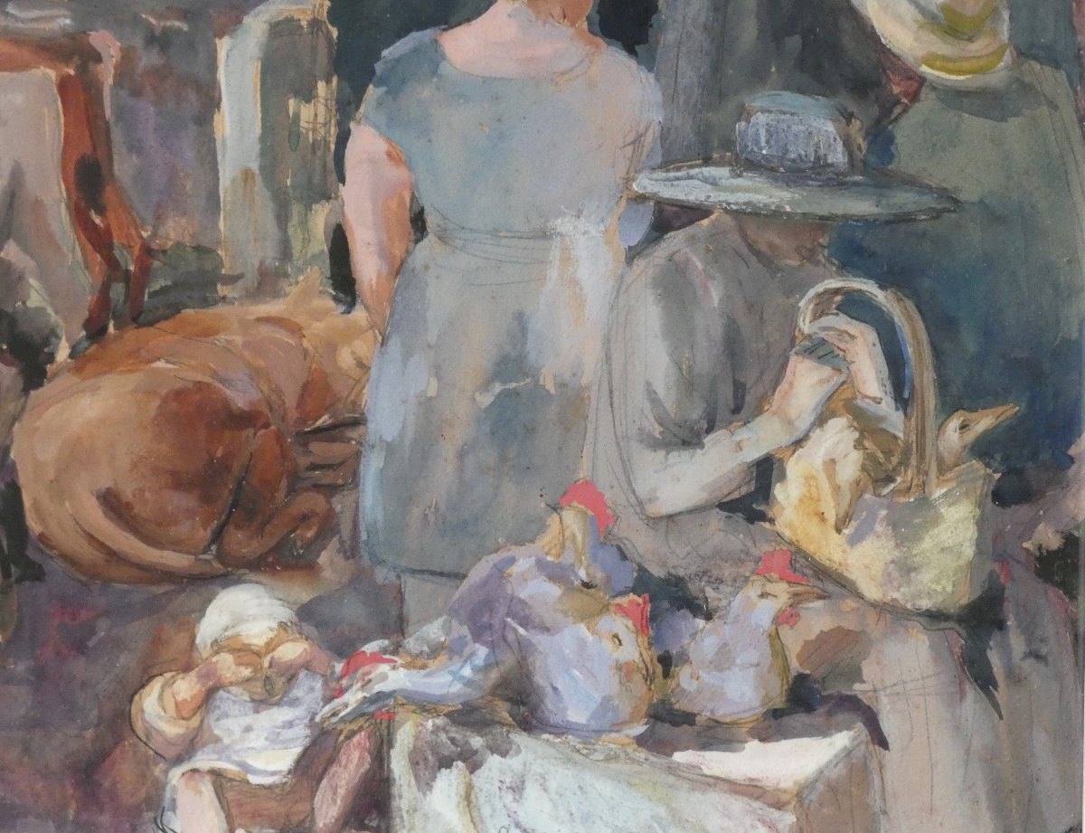 Henri Clamens 1905-1937 - Large Gouache Painting - The Provençal Livestock Market -photo-4